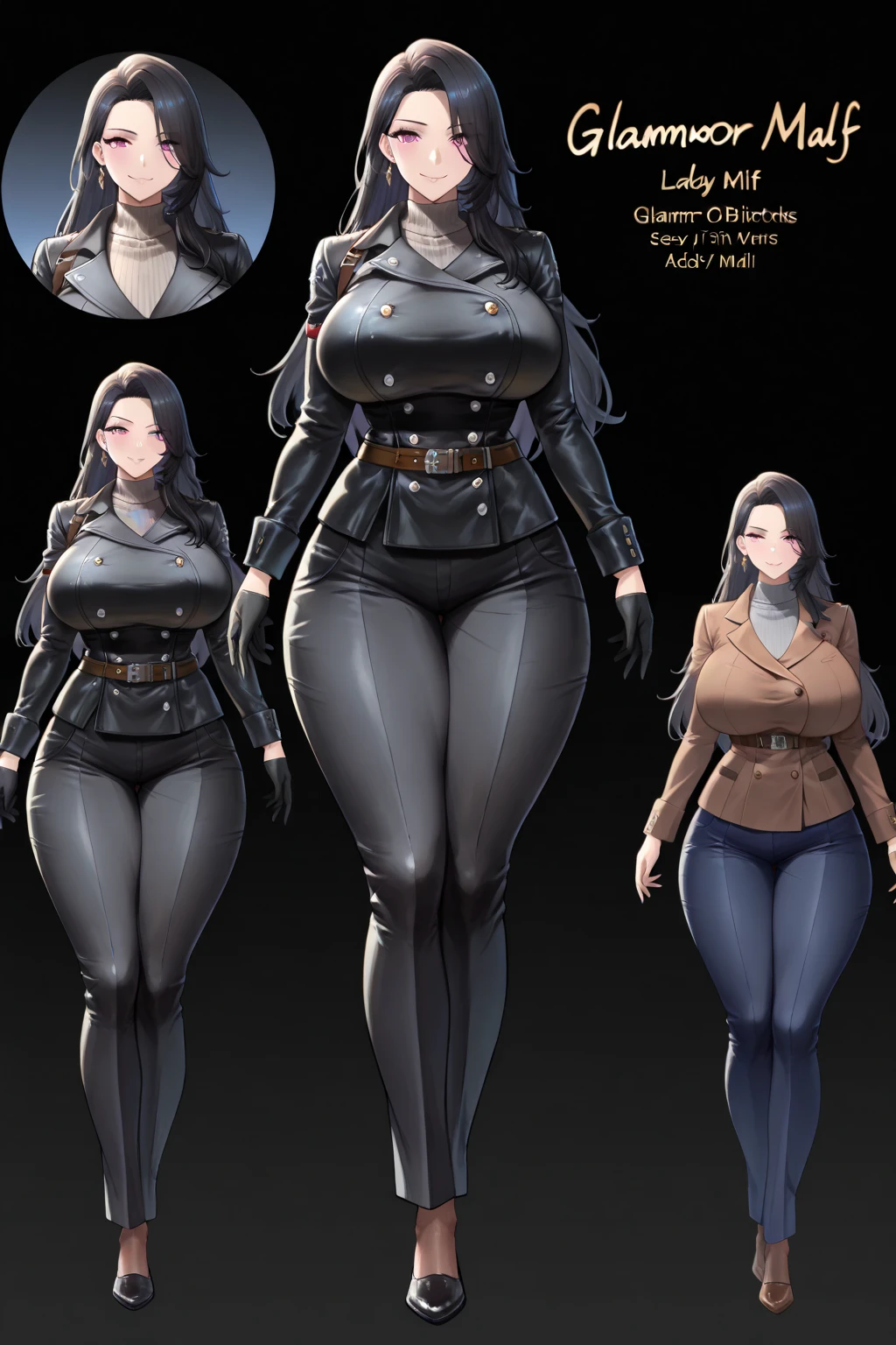 ((character concept art)), ((character design sheet, same character)),(full body view), (adult MILF), Tall stature, little chest, closed mouth, brasilian appearance: brown eyes; brown hair; sharp facial features; dimple on the chin; Straight nose; high nose; pronounced high cheekbones; high forehead, stands upright, oiled skin, plump physique, (gigantic breasts:1.2), wide hips, brasilian butt, huge legs, big tighs, detailed face, ((black bodysuit)).