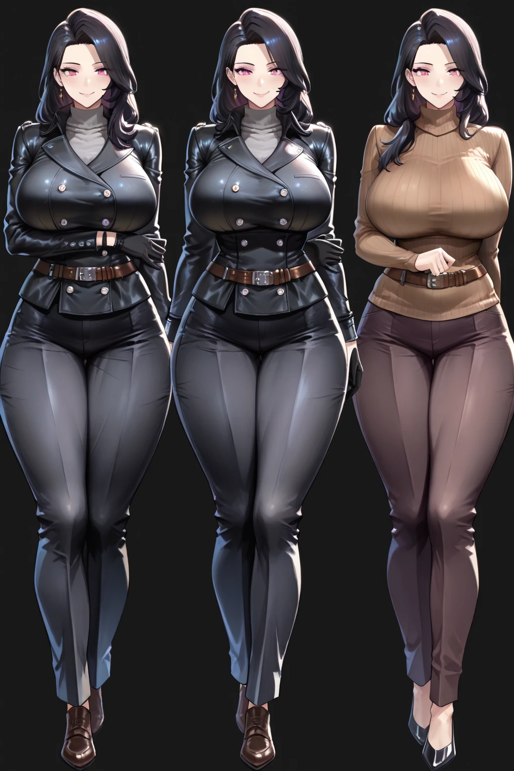 ((character concept art)), ((character design sheet, same person, multiple pose)),(full body view),(adult MILF), Solo, Tall stature, goddess,, Medieval, pale skin, prominent cheekbones, dark red hair in bun, black lace dress, curvy, lipstick
