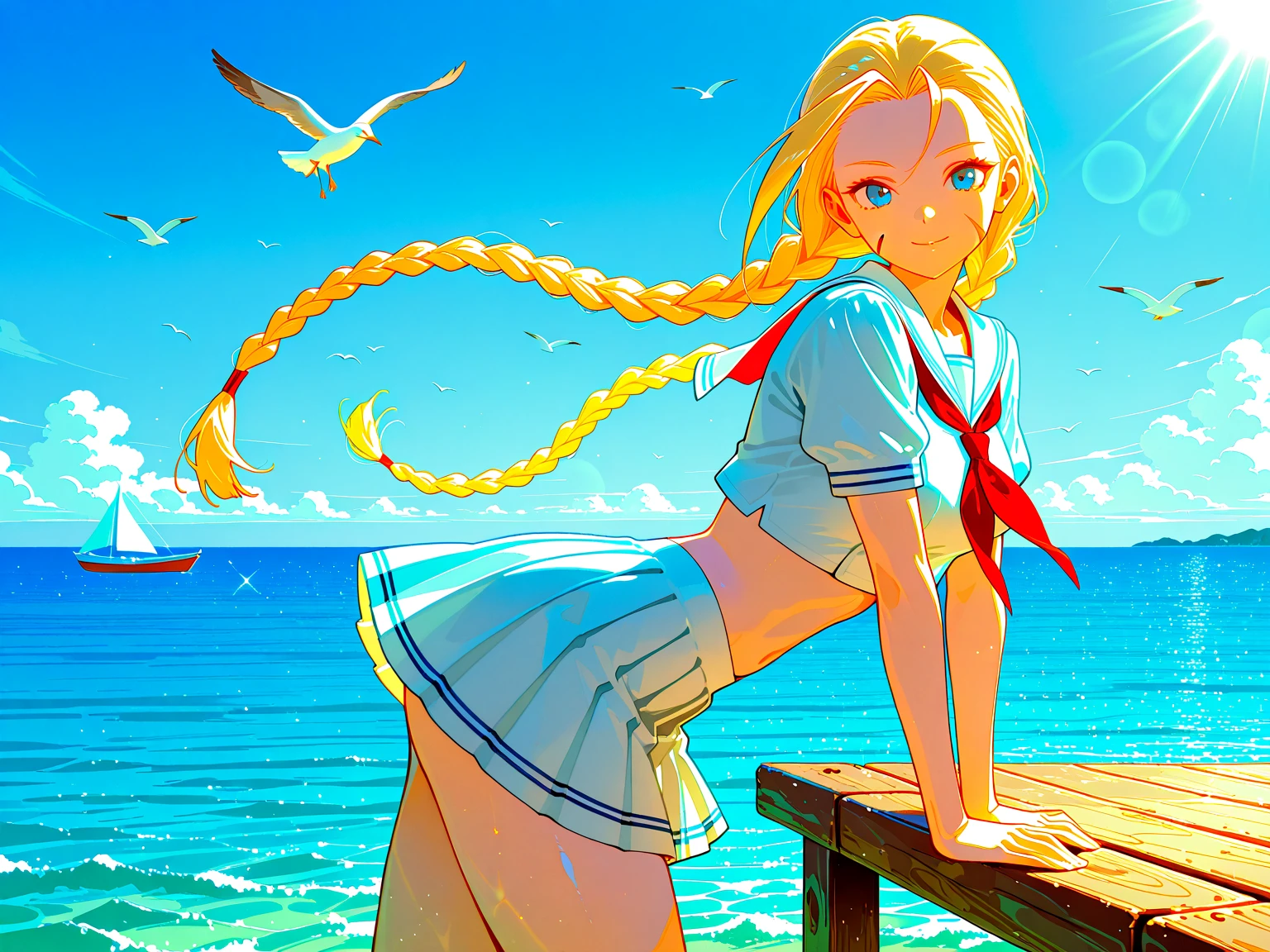 (8k, RAW foto, mejor calidad, (Obra maestra, super high quality, super detailed), anime style paisaje, chica joven, Absoluto, velas escarlatas, girl looking at the sea from the coast, camera looking at the sea, detalles intrincados, sailing ship with velas escarlatas, Una escena de una novela de Alexander Greene. "velas escarlatas" imagen de medio cuerpo, A beautiful women posing for a photograph in an alley, brown ponytail, golpes, risa feliz, blue eyes, Cuerpo magro musculoso, perfect anatomy, Looking to the camera, Time of the day, cielo azul, estilo animado, al aire libre, tendencia en artstation, Oh!, sakimichan muy sensual, con ropa original cuerpo entero, muy realista, extremadamente realista, extremadamente sexy, 8k, 8k extremadamente detallado), (un extremadamente delicado y hermoso), (obra maestra), (mejor calidad: 1.0), (ultra high resolution:1.0)