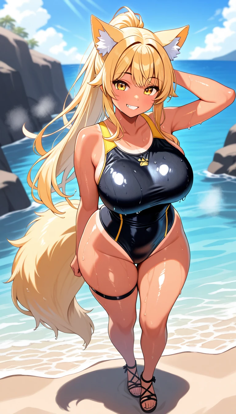 A furry Shiba Inu mother dog portrait, Emerald eyes, Golden Ears, Long hair, Furry ears, barefoot,Ocean background, Natural Lighting, Intricate background, Extremely detailed facial features and white swimsuit, Whole body center composition, Perfect focus and lighting, Long legs, Large Breasts, Canine pointed nose, Each paw has four toes, (Left paw raised facing the camera),Sexy moves