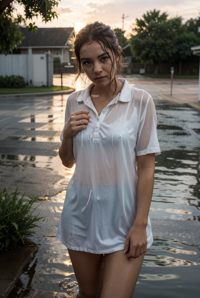 Blonde, wet see-through white shirt, can see , large , red shorts, in rain, on street