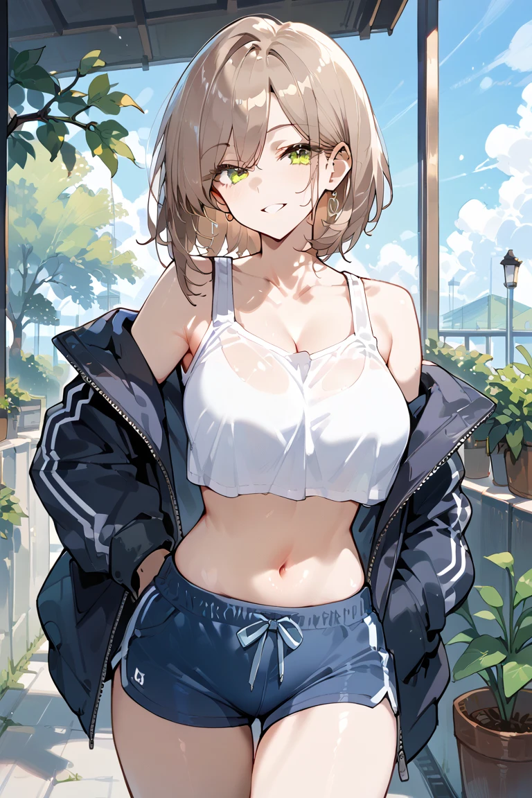 masterpiece:1.2, high quality, best quality, detailed_background,indoors,highres,neko (solution1988),brown coat,upper body,open clothes,absurdres,red eyes,open coat,gradient background,looking at viewer,sports bra,1girl,short hair,bare shoulders,solo,golden hair,jacket,crop top,off shoulder,head tilt