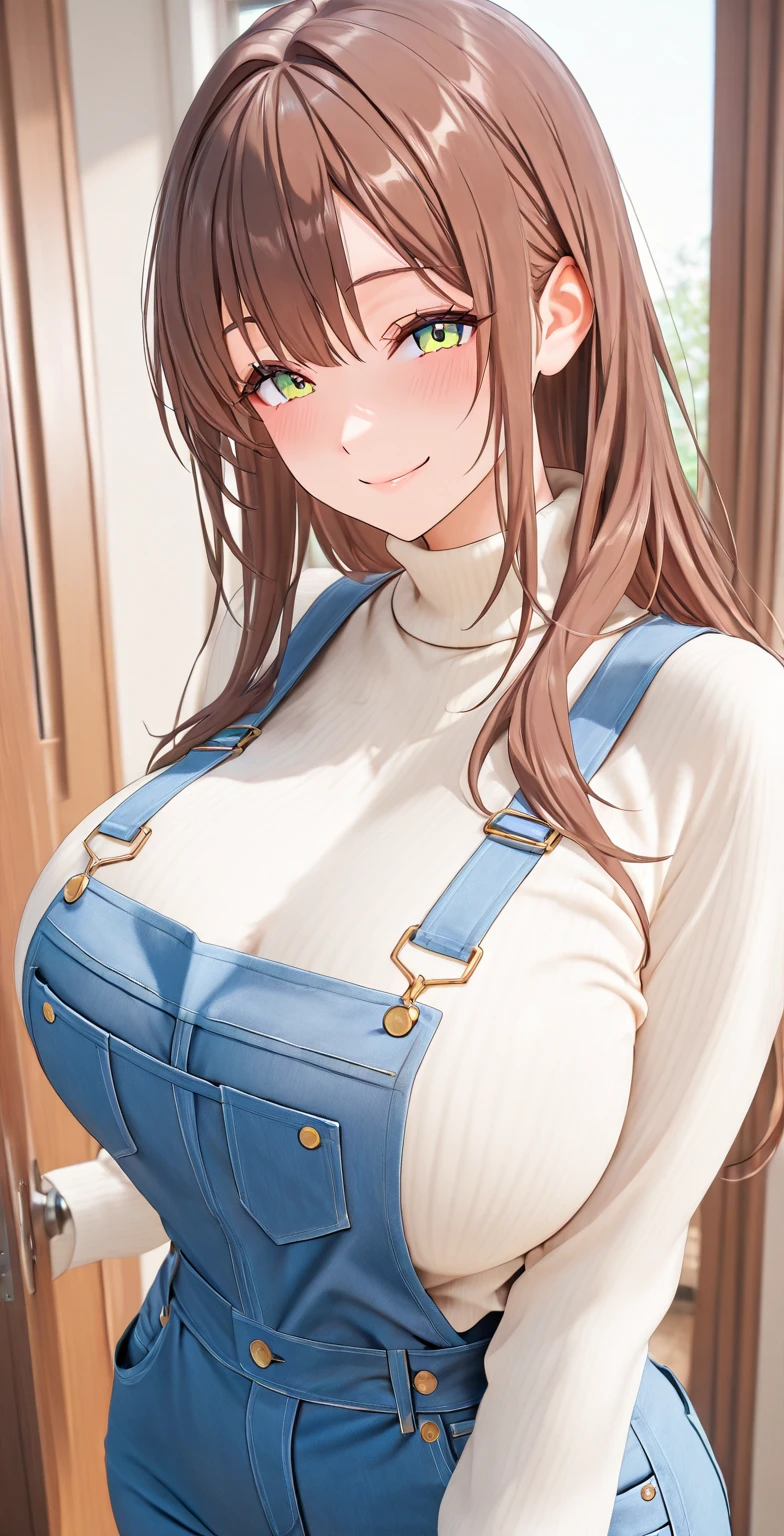 masterpiece, best quality, highest quality, perfect anatomy, highres, ultra-detailed, 8k wallpaper, texture, detail, unique, HDR, extremely detailed CG, 1 girl, Solo, full body, standing, ponytail, brown_hair, Bangs, brown_eyes, 20yo, mature female, looking at viewer, smile, lewd face, (Beautiful,large_Breasts:1.4), (beautiful_face:1.5),(narrow_waist)puffy nipple,nude,