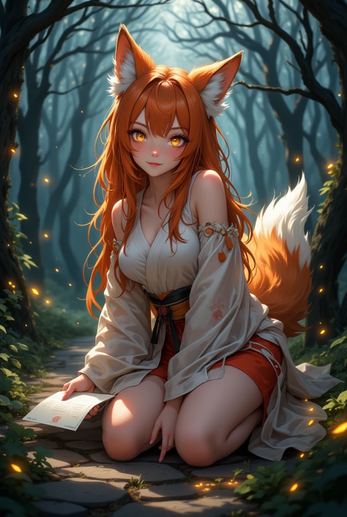 fluffy, red fur, tail, white elements on fur, Fox Girl, Normal breast, nice front view, summer shirt, summer shorts, close-up, Sitting, trees, summer, night, beautiful light and shadows, ambient light, ultra detailed fur, volumetric light