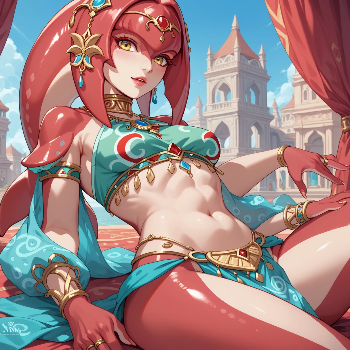 perfect anatomy,masterpiece,super detailed skin,beautiful detailed eyes,8k,1girl, solo, (mipha),sitting, red body,slender body,skinny legs,medium breasts,nipple, silver robe,smile, red dress, gold necklace,feminine,faint lip,zora(botw),indoor,bedroom,nsfw,(3d),