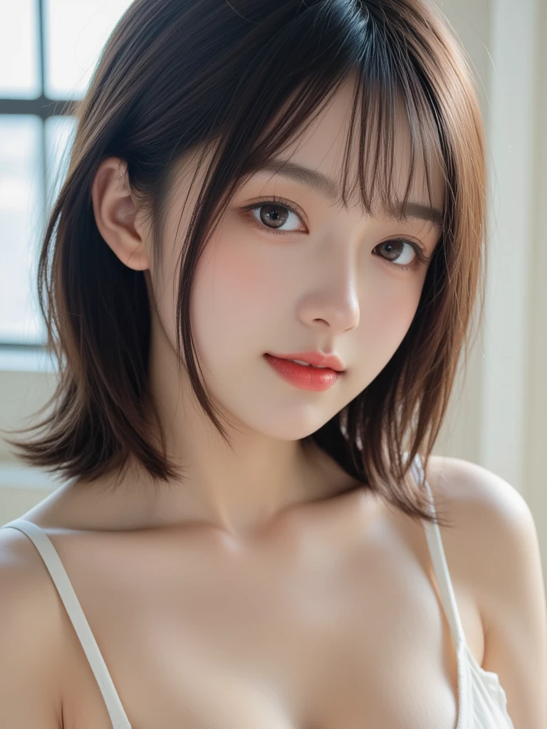 One Girl, (Dress casually, camisole:1.2), (Beautiful Japanese idol portrait photos), (Simple background in light colors:1.3), (RAW Photos, Highest quality), (photo-realistic:1.4), masterpiece, 8K Portrait, Very delicate and beautiful, Very detailed, wonderful, Very detailed CG unity 8k wallpaper, Very detailed, Soft Light, Beautiful detailed girl, Very detailed eyes and face, Beautiful and sophisticated nose, Beautiful attention to detail, Cinema Lighting, Perfect Anatomy, Slender body, Normal chest, Deep V-neck, Medium Hair, Bokeh, Dynamic Angle, A light smile,