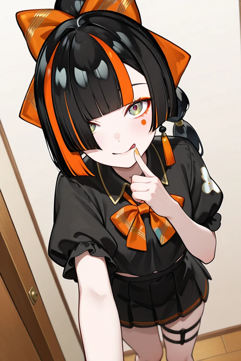 cute娘, One girl, 猫耳Food, ((cute)), masterpiece, highest quality, Perfect Face, Foodie, Food, look up, both hands, thin, fur, comfortable, warm, window, night, long Foodie, no_pants, 4K, wallpaper, close, Digital Art, Anime Style, Beautiful Eyes, Intimate, detailed, warm colors, Red eyes、Black pantyhose