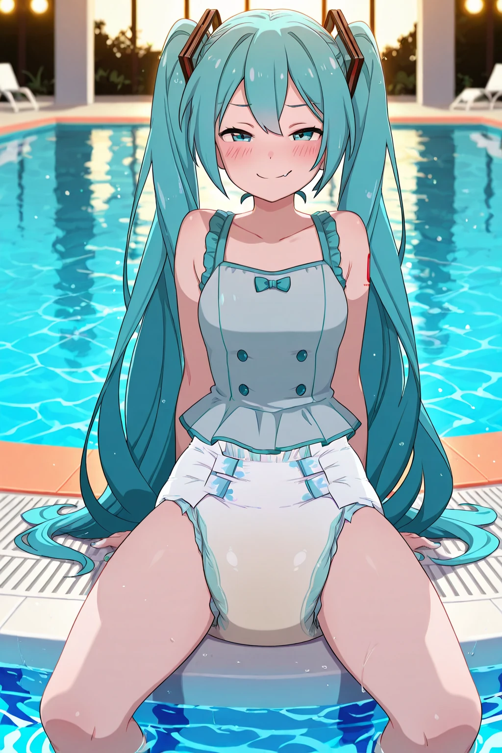 (1girl in),(High quality), (hight resolution), (Highly detailed), (in 8K),(lower body shot),Ram from Urusei Yatsura is wearing a transparent sailor swimsuit at school.),(Wearing black pantyhose)No shoes,Perfect Lighting,(Beautifully erect nipple shape:1.1),hight resolutionの美しい目,(Neutral white lighting:1.2),simple background,