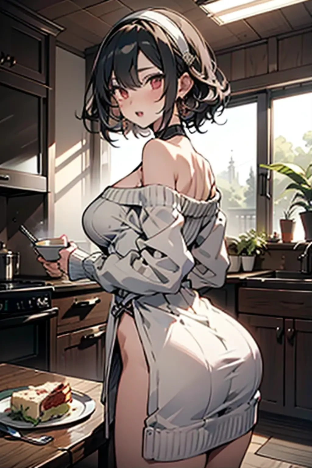 masterpiece, yor, 1girl, Amazing Cleavage:1.3, thin waist, big ass, Raised sexy, medium breast: 1.2 posed cleavage:1.2、solo, looking at viewer, open mouth, have a cup of coffee,black hair, red eyes, dress, bare shoulders, jewelry, collarbone, sidelocks, hairband, earrings, indoors, off shoulder, :o, sweater, arms behind back, plant, short hair with long locks, white hairband, off-shoulder dress, sweater dress, off-shoulder sweater, red sweater, big side hair, very long side hair,is rendered in (masterpiece: 1.2, best quality), with (ultra high resolution) and an exquisite (depth of field). This masterpiece is not only visually stunning but also tells, make of cake cooking ,in the kitchen