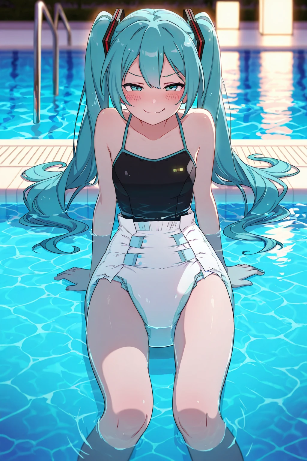 (master piece), (best quality), (4k definition), (anatomy; perfect), Hatsune Miku character, 1 girl, fair skin, blue eye, blue hair), (Locks, bangs), hair tied on both sides , (hair lighting effects), eyebrow, nose, ear, tight mouth, smile, (bright skintight swimsuit), thick legs thick thighs, standing, backdrop, in the park, beautiful day, lighting, looking at the Viewer