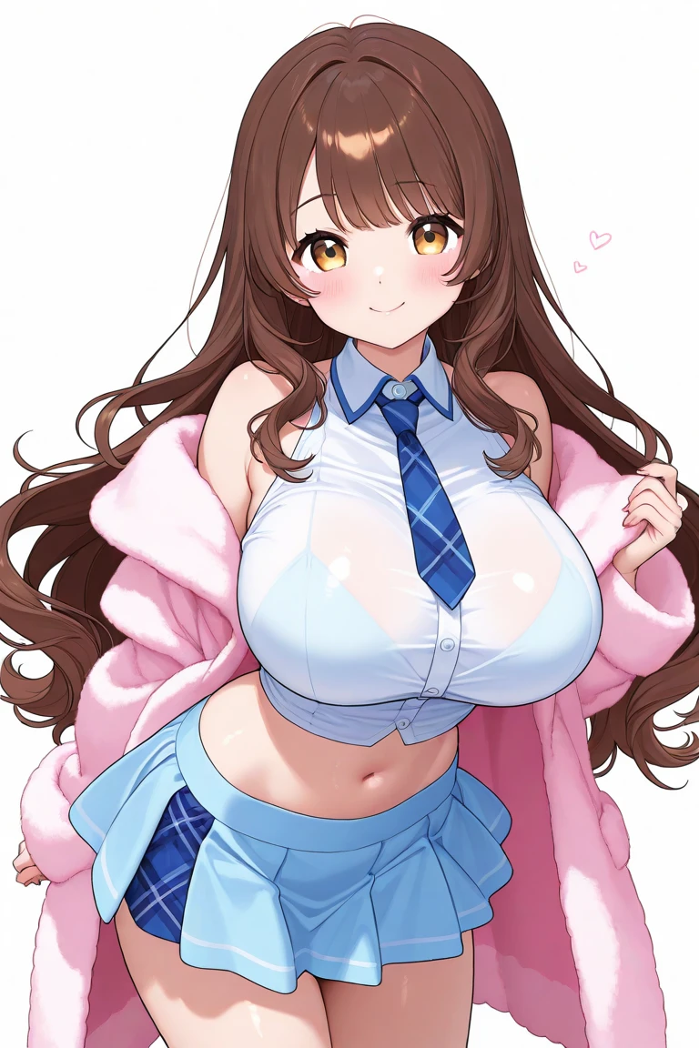 by buta99, by chelodoy, by spikedmauler, by cervina7, solo, female, standing, looking at viewer, ((hair, snout)), pink eyes, sexy, smiling, lips, eyelashes, eyeliner, big breasts, cleavage, canine, , light brown fur, chocolate labrador, domestic dog, green eyes, sexy, light brown hair, long curly brown hair, skinny, small waist, super skinny,huge thighs, huge ass, pink eyes, kawaii, emote, showing emotion, straight on, huge , massive , cute nips, tan skin, huge massive , pink, pink Princess,, big eyes, full body, tight pink leather bra, showing full body, dominant women , sexy pose, looking at viewer, sexy, facial expression, looking down at viewer, nips peaking out from bra, pink nips, kawaii, blush, anime eyes, from below, face, white background, pink and white outfit, white button up shirt, pink skirt, panty shot, up skirt, from below
