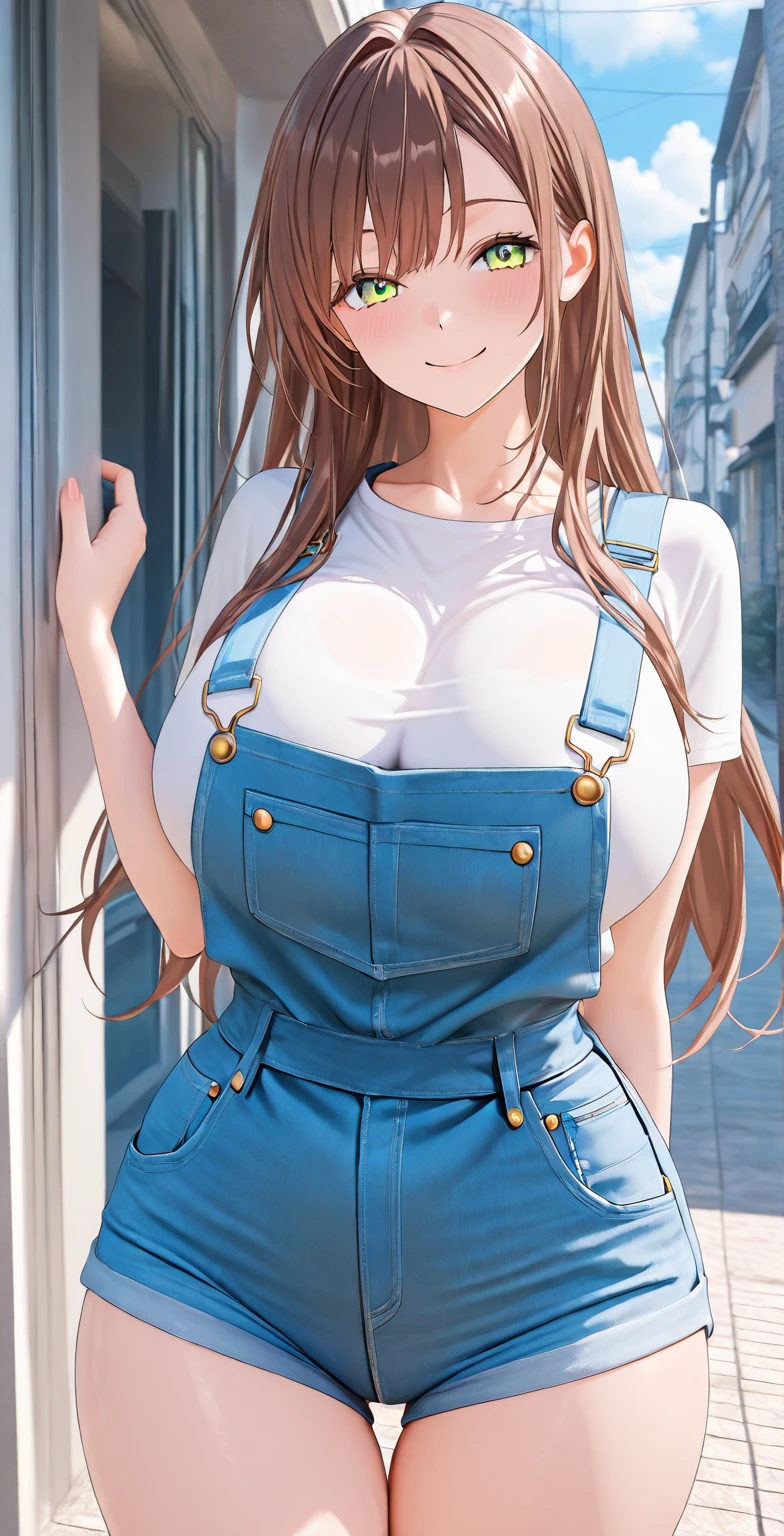 (Masterpiece、Highest quality、Very detailed、4K)、One Woman、17 years old、Big Breasts、Overalls only、stand