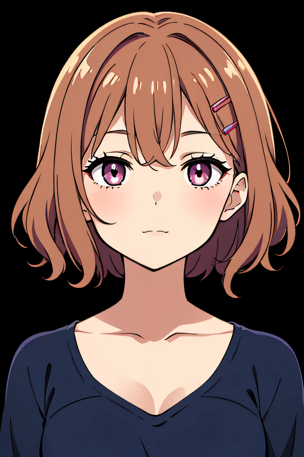 (high-quality, breathtaking),(expressive eyes, perfect face) 1girl, female, solo, young adult, brown hair color, pink eye color, soft wavy curley hair, short hair length, elegant, relaxed, calm expression, summer dress, long dress, white dress, modern clothing, stylized clothing, accessories, hairclip, Symmetrical Eyes, portrait, half body shot, dark blue and black background, Madoka Higuchi character, narrow eyes, cute smile