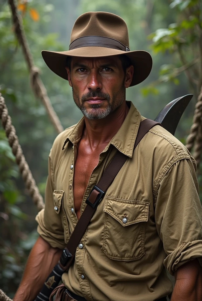 obra-prima, um homem sem barba careca barrigudo branco, roupas do indiana jones, brasileiro de 60 anos, obeso, CALVO , lion with mane,in an African forest petting a lion