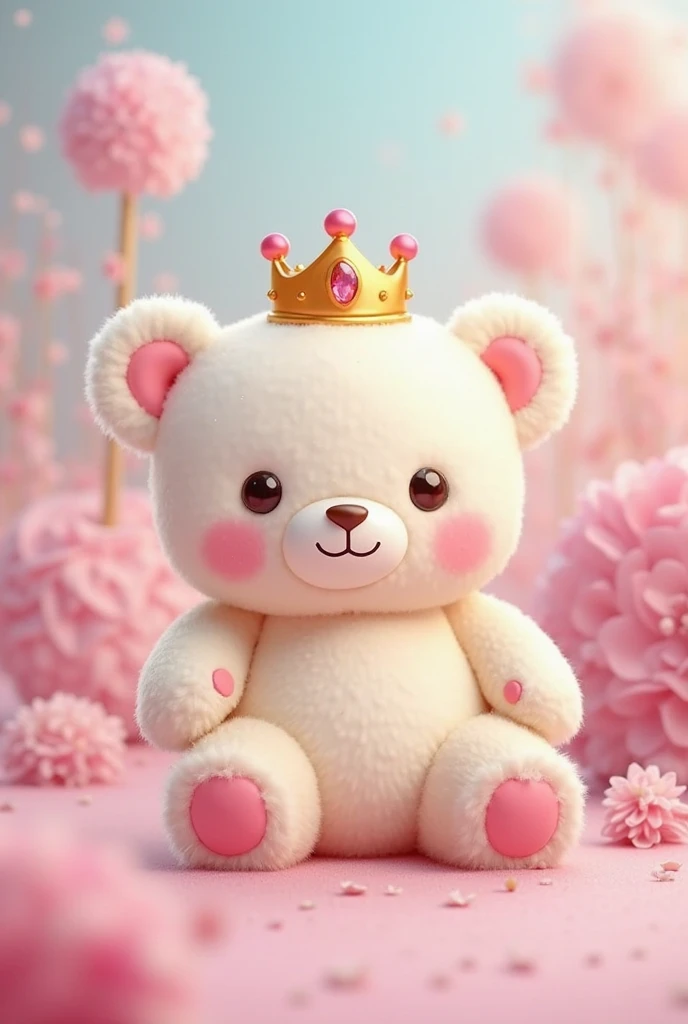 Little bear with a princess crown and delicate flowers and butterflies in pink and lilac tones