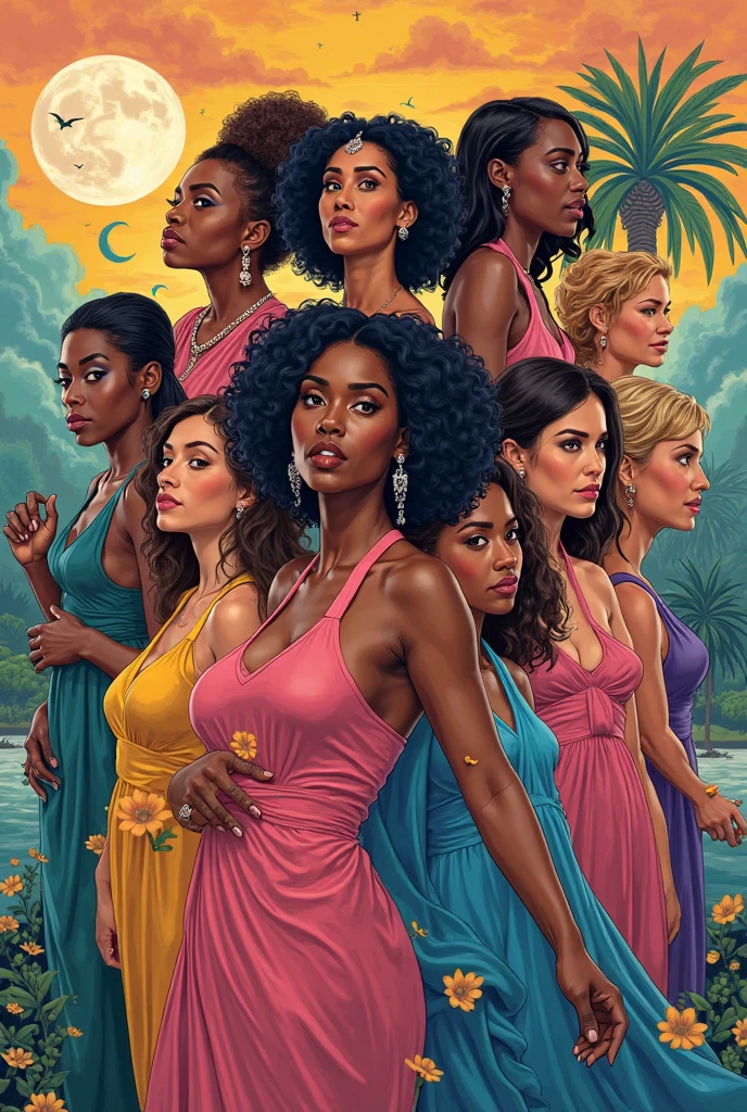 3 girls, teen, stand in a row, slender, (plump), [[half-nude]], dark skin, suntan, (((flaccid))), polynesian island, (emotionless), anime,