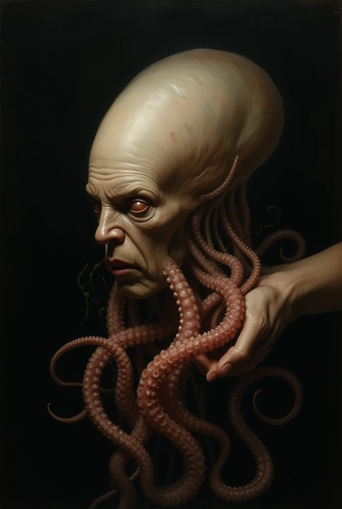 (extremadamente detallado, obra maestra, La mejor calidad), Estilo oscuro, intense illumination, rostro con arrugas, lengua larga, tentacle, deforme, monstruoso, interior de una piscina de agua verdosa, imagen submarina, alien con Colmillos finos, pico de pulpo amenazante. manchas de tinta. Rococo composition. Luz de caravaggio