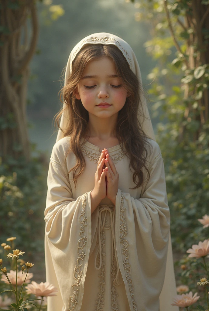 Crie uma imagem poderosa e emocionalmente carregada, em estilo de colagem ultra realista, depicting Jesus standing behind a child on his knees, in a position of prayer. Detail the delicate features of Jesus' face, with gentle eyes and calm expression, irradiando uma aura divina. the child, with hands clasped together and head tilted slightly, demonstrates devotion and faith. Add symbolic elements, como uma luz suave emanando de Jesus, representing his divine presence, and flower petals falling from the sky, symbolizing the blessings poured out on the child. The background can be composed of a celestial scenery, com estrelas brilhantes e nuvens suaves, conveying a sense of peace and spiritual connection.