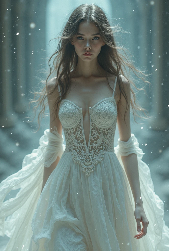 a beautiful woman in the snow, 1girl, solo, snow, beautiful detailed eyes, beautiful detailed lips, extremely detailed eyes and face, long eyelashes, elegant, graceful, wearing a white dress, (best quality,4k,8k,highres,masterpiece:1.2),ultra-detailed,(realistic,photorealistic,photo-realistic:1.37),HDR,UHD,studio lighting,ultra-fine painting,sharp focus,physically-based rendering,extreme detail description,professional,vivid colors,bokeh,portrait