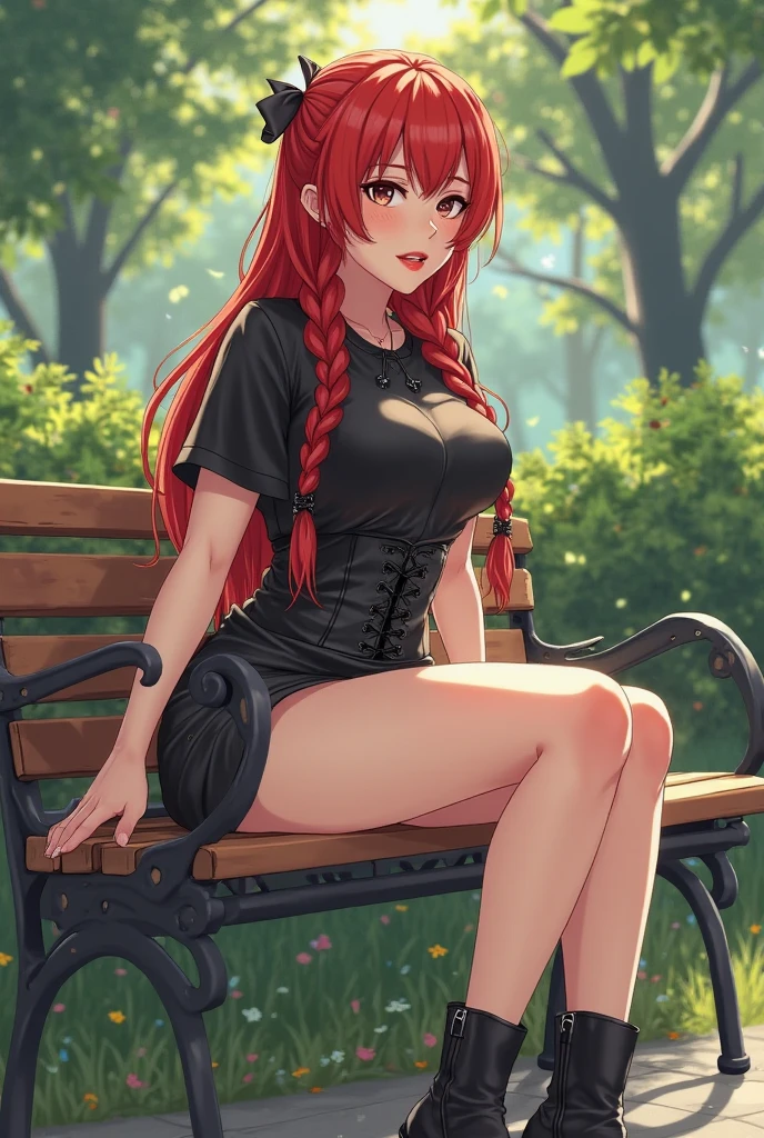 ,Female, 18 years, cute girl, Female,skirt,Slightly transparent tank top, slender body, sits on a bench, against the background of the park