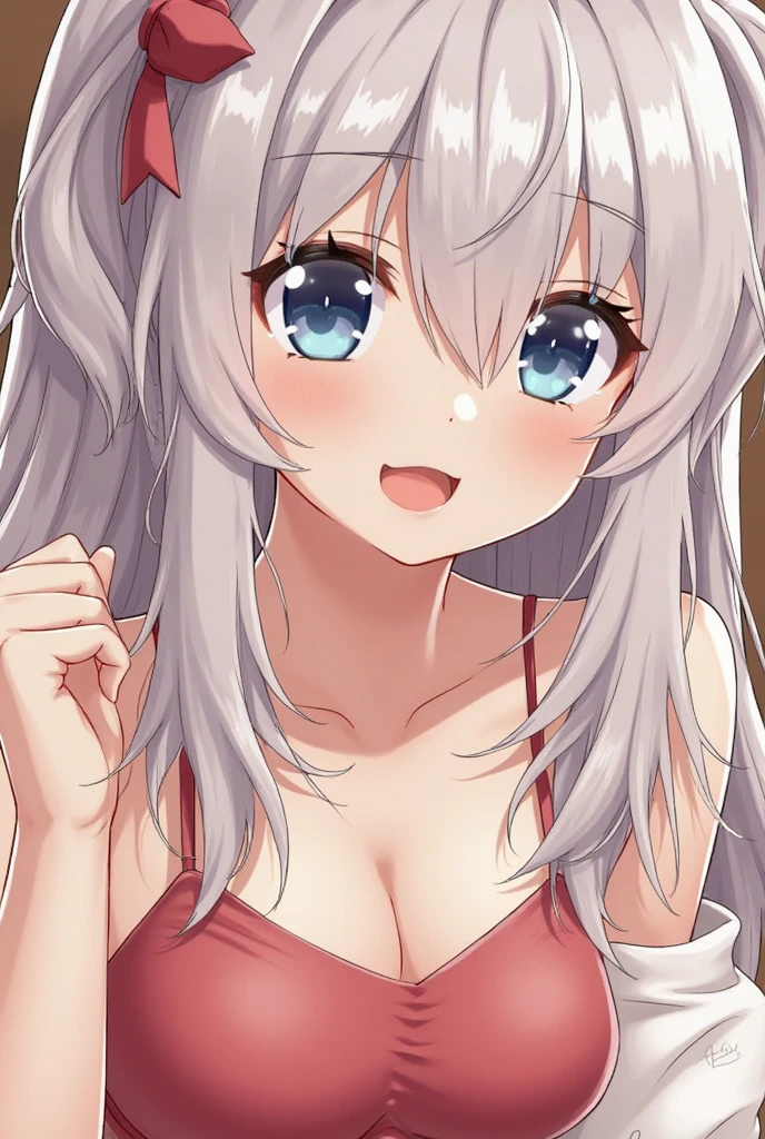One girl, Blushing, Open your mouth, Gray Hair, Long Hair, Large Breasts, blue eyes, Sticking out tongue, saliva, Drooling, Simple Background, ribbon, Background blur, anime, 