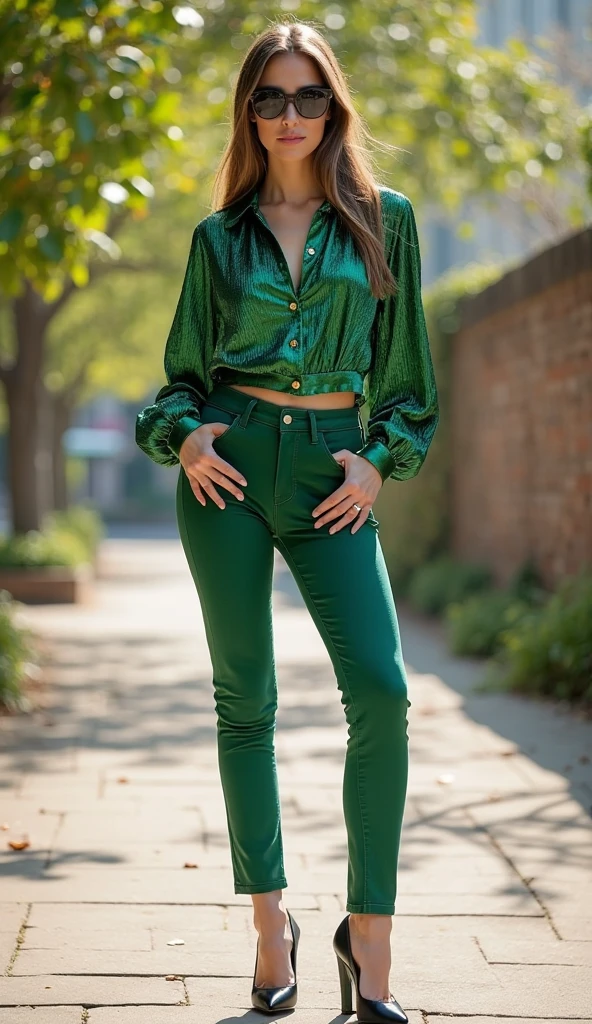 Portrait of a beautiful 25-year-old  woman, schwarze haare, beautiful latina, cropped shirt and green vinyl pants, am bahnhof, (heller bahnsteig, dunkles und melancholisches Licht: 1.2), shy smile, busty, tanned, nsfw
