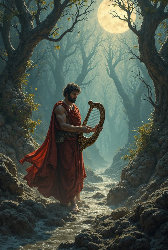 a beautiful young man, Orpheus, descending into the underworld, playing a lyre, persuading Hades to return his beloved Eurydice, detailed portrait, dramatic lighting, dark and moody atmosphere, Greek mythology, intricate details, (best quality,4k,8k,highres,masterpiece:1.2),ultra-detailed,(realistic,photorealistic,photo-realistic:1.37),dramatic lighting,chiaroscuro,moody,cinematic,epic scale,dark fantasy,digital painting,concept art