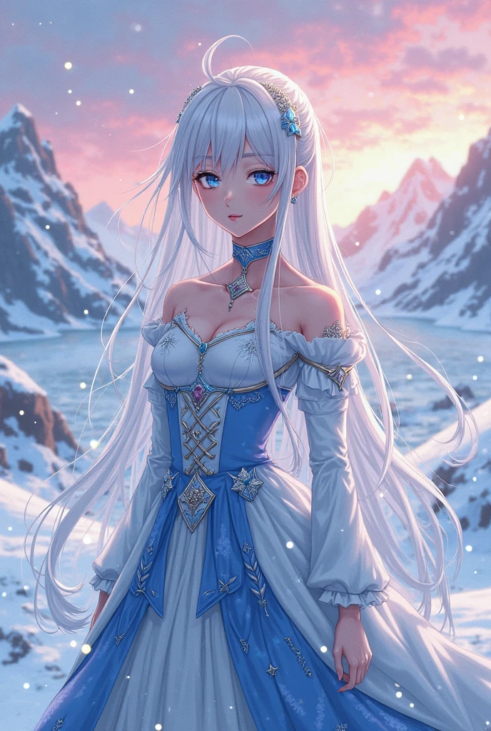 ((Masterpiece, Best Quality), blue eyes, furry blue fox ears, blue tail, white body hair, super detailed illustration, HD texture, exquisite details, 1 girl, character wearing blue long-sleeved dress, long blue hair, blush, outdoor environment, in a snowy mountain, standing