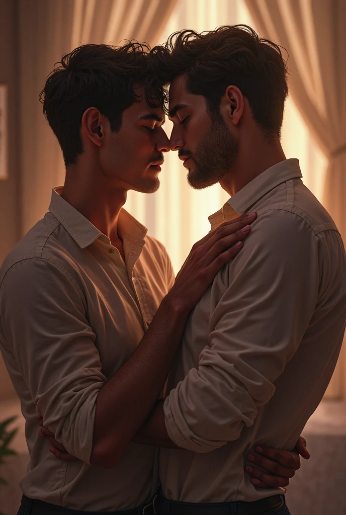 forbidden love, masterpiece, best quality, 2boyales, beards, chavs, rough, dirty, Mancunian, mean, bullies, druggies, skinheads, in the neighbourhood, , soft kiss , realistic, dramatic lighting, atmospheric, intricate detail,