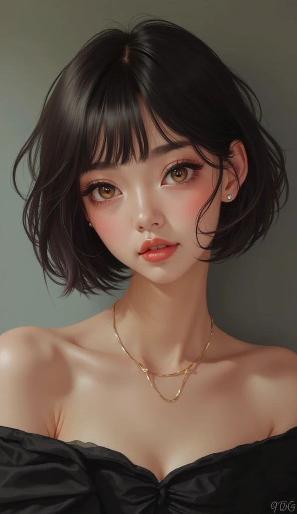 Girl with short black hair, with slightly dark skin, a beautiful body, beautiful oval face, wearing a white outfit 