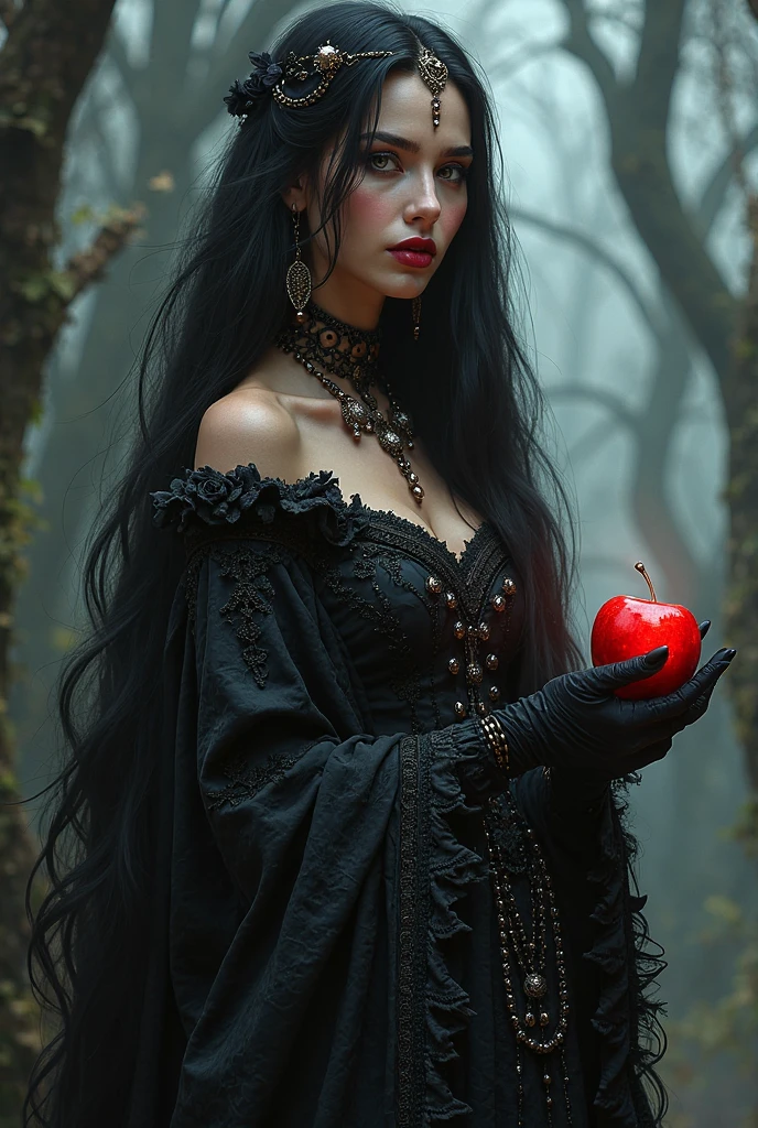 Girl,Black long hair,Black Queen,accessories,Apple in hand,Poison apples,Witch Queen,Red lipstick