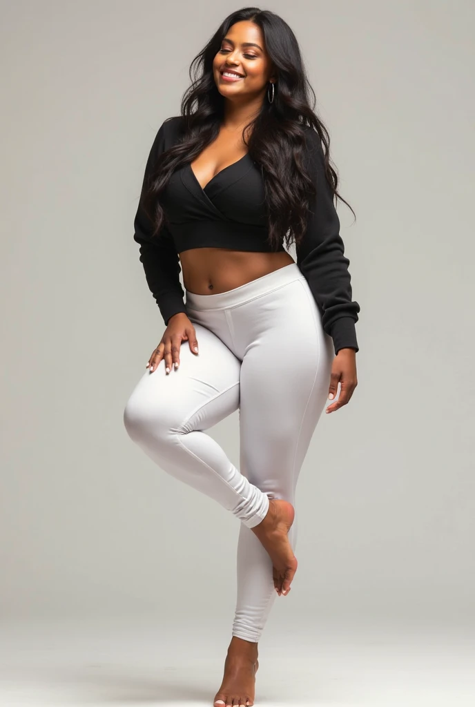 Mixed black ethnicity, curvy girl, long straight hair, sexy white fitness clothes