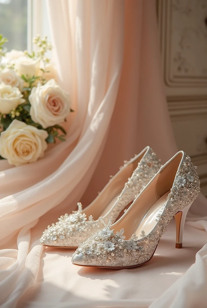 Close-up of bridal shoes and wedding dress, Silver,Ivory, lacey accessories, beautiful detailed elegant, White shoes, Exquisite details, ethereal details, very magical and dreamy, dreamy and detailed, magical details, Intricate and elegant, exquisite fine details, Silk shoes, ethereal fairytale, how pretty, glowing details!, side view intricate details, delicate embellishments
