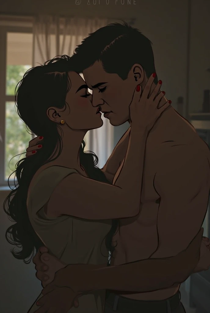 Amazing portrait of a sexy woman with her black hair in a single braid wearing an off shoulder olive green t shirt and blue short shorts kissing and making out passionately with a shirtless boy on the bed in an intimate setting