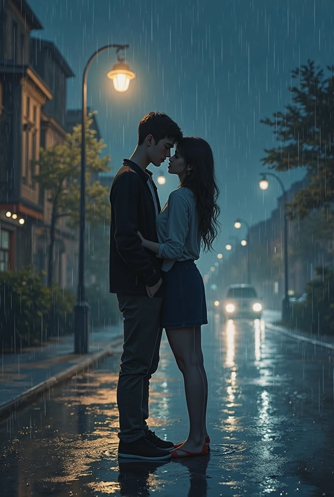 A boy and girl metting in a dark night in the road and in the side of the boy and gurl their was a cycles and it's raining and they were kissing and a girl wearing taekwondo dress and the boy in the half pant and formal t shirts and in the jordan shoes and the boy hug her and kiss her and boy hand on her boobs and his hair style is lower tapper fade