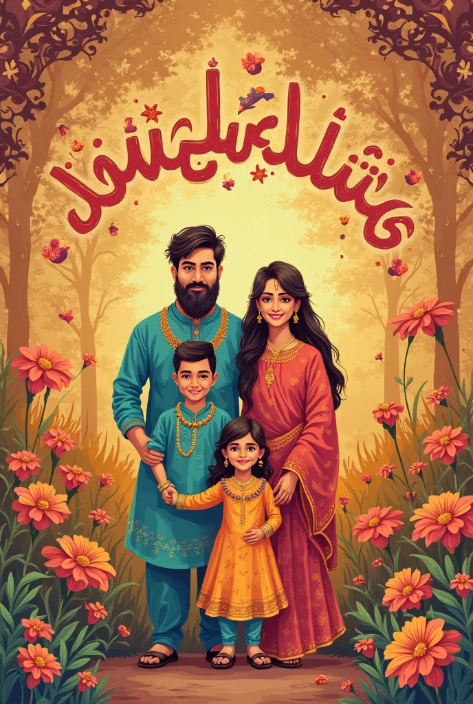 Generate a beautiful scenery in which a guy and a girl have their backs and are holding their hands ghe guy and 2 kids are standing with them one a boy one a girl and all of them are wearing Shalwar kameez have Madi written on the back of the older guy And Leish written on bottom back of the woman