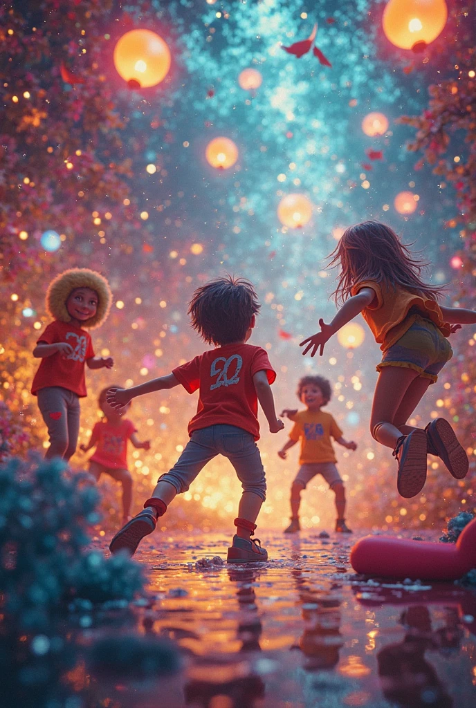 A fascinating colorful playground full of happy children in colorful clothes playing with running, with a ball, with soap bubbles, with dolls, the floor is made of glitter that shines like the sun, creating a simple happy environment, captured through a book illustration detailed childish, --auto --s2