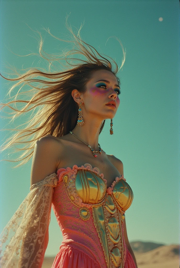 A majestic maiden stands amidst a whirlwind of colorful fractal art, her upper body showcased in stunning detail. Her traditional dress shines like polished gemstones against the vibrant, abstract background. Roses bloom around her, woven into intricate patterns with precision and beauty. The subject's skin glows with a radiant sheen, as if kissed by the sun. In a dynamic pose, she radiates confidence and elegance, bathed in a soft, golden light that highlights every aspect of this masterpiece. In a striking 16K UE5 editorial photograph, Olivia Gibbs poses against a vibrant patchwork backdrop reminiscent of ancient Rome's colorful mosaics. The model wears an exquisite Haute Couture ensemble: a lavish velvet dress with intricate ruffles, complemented by a dazzling diamond necklace and earrings forming a collar. Her loose braids adorned with crystal beads shimmer in the bright sunlight, accentuating her features. Against this whimsical setting, Olivia strikes a bold pose, surrounded by blurred lines, distorted shapes, and edgy silhouettes that defy gravity. In a vibrant, swirling vortex of psychedelic art, a 1.3-meter-tall blonde-haired girl with twintails stands confidently, her eyes glowing with an otherworldly intensity. She wears oversized street-inspired clothing with graphic prints and bold accessories, exuding an air of futuristic coolness. The cowboy shot framing captures her striking figure, with the digital sculpture's 3D form seemingly bursting forth from a sea of hallucinatory visuals. Mind-expanding imagery abounds in this ultra-detailed, high-resolution artwork, a true masterpiece of innovative design and cutting-edge technology. random rainbow color