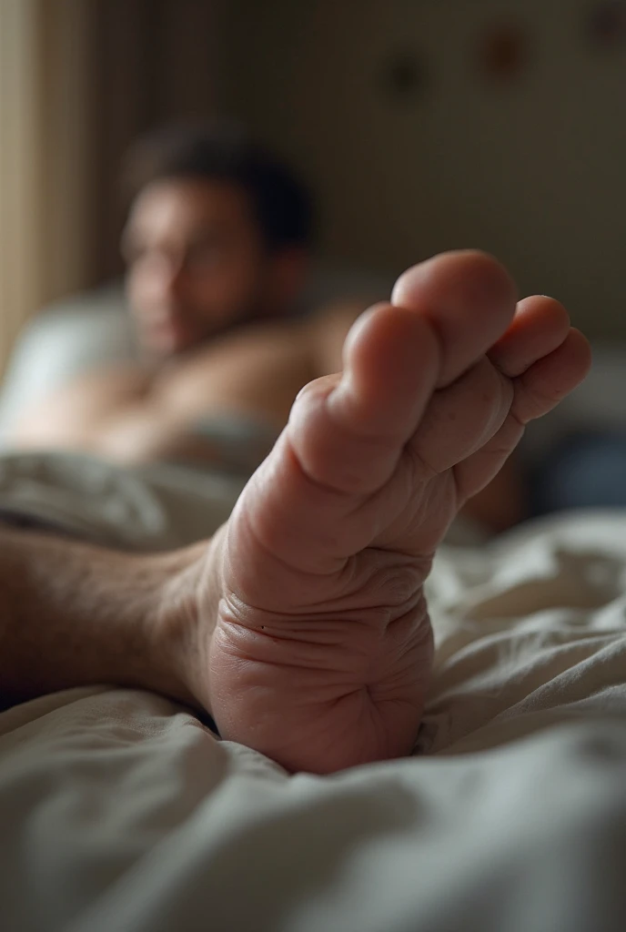 Handsome teen lying down showing his 20cm erect penis while his feet are visible
