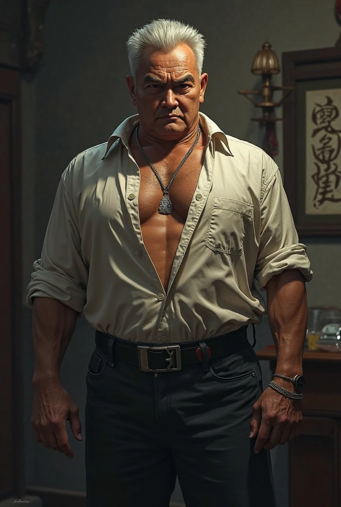 Generate a 3D image of Pablo Escobar with weapons surrounding him, drugs on his desk, and him sitting in an armchair looking forward with his hands crossed on the desk, and a gold chain with 'Cipher' written in the middle of the chain.