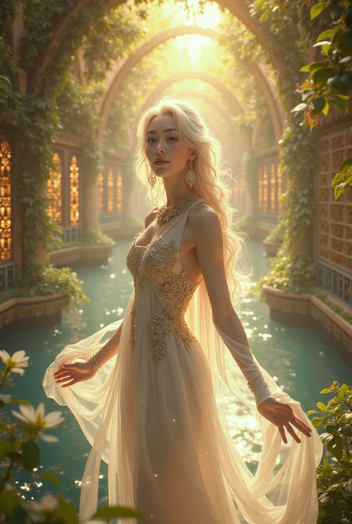 super realistic image, full body portrait of a woman, blonde hair , transparent white dress, white and gold accessories in a fantasy fairy tale style, ancient fantasy city background Ancient times , and unique fantasy plants, face clearly visible, hd 64k image quality, ultra HD.