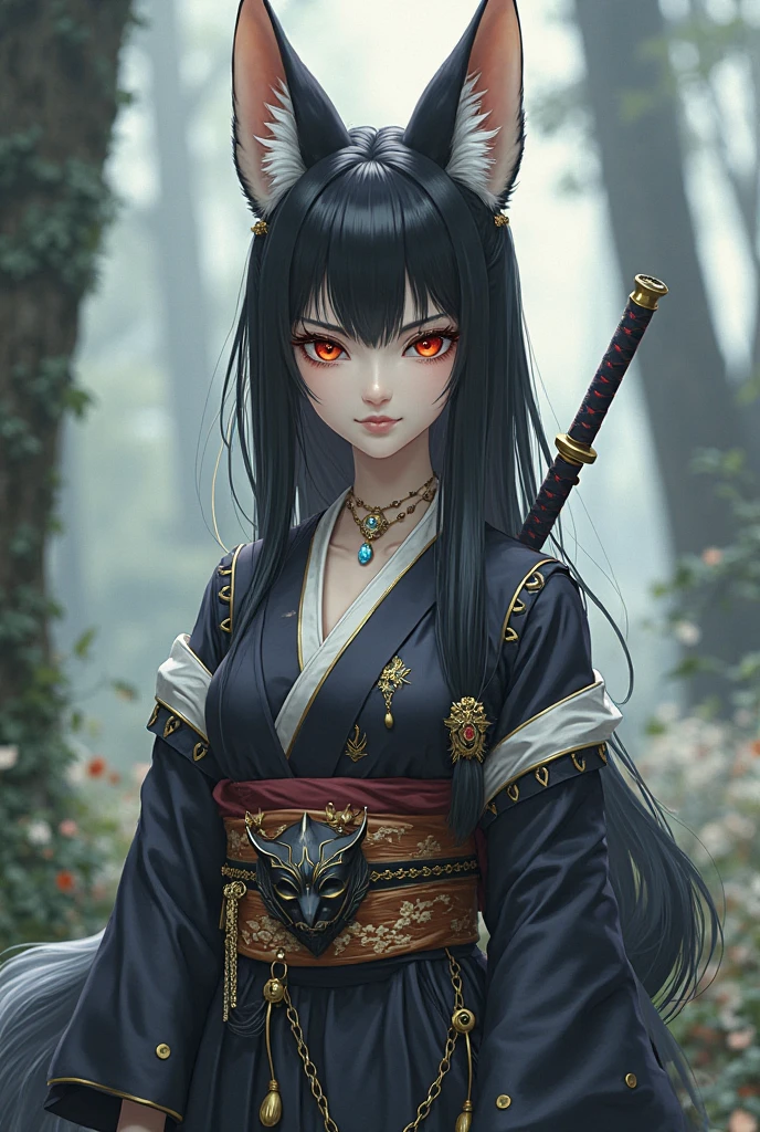 ookami mio, a girl with wolf ears and white skin, golden eyes, black hair with a red streak fighting