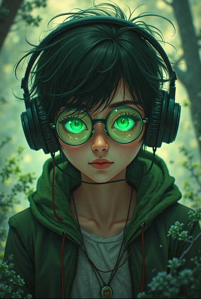 Russian child girl long straight dark hair, put on headphone jack and change into a cyberpunk green coat but do not change the face, green background . --auto --s2
