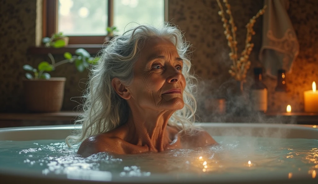 67 year old bohemian hippie woman bathes in her tub



