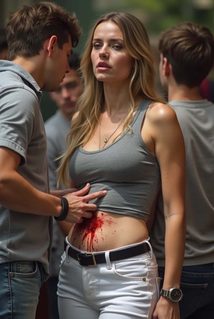 It will generate for me a beautiful girl with long, beautiful blond hair. Who was shot in the stomach and with pain I try to stop the blood by pressing the wound with my hands. You can see fear and pain on her face..