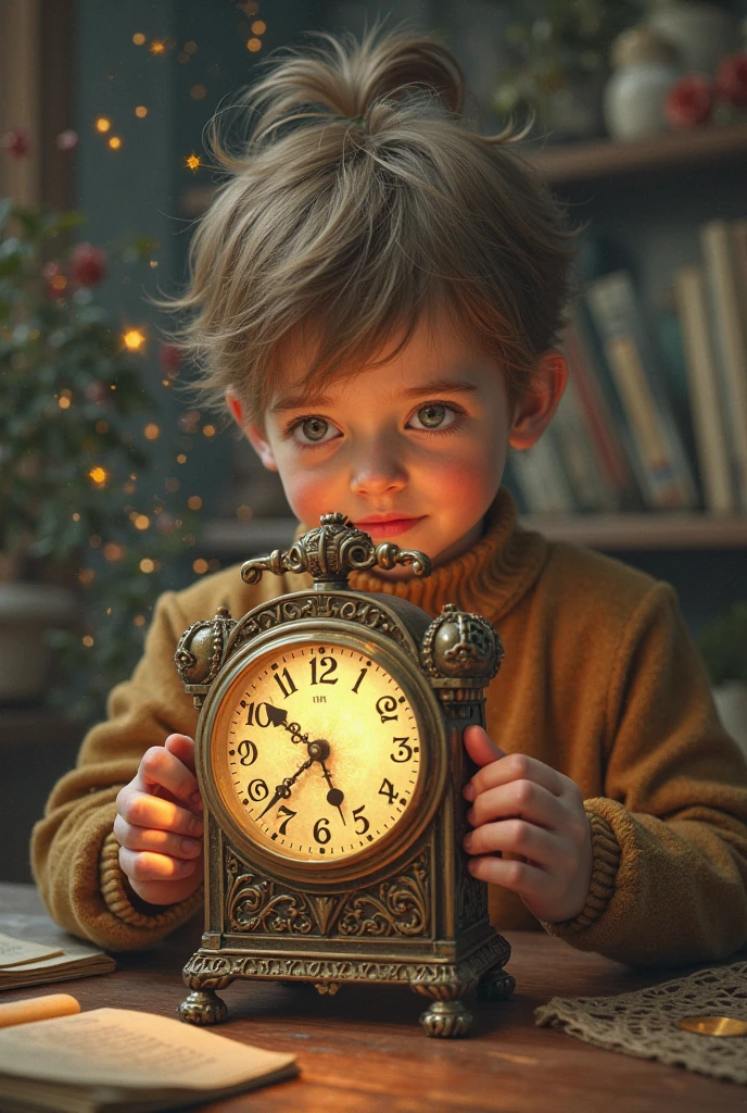 A boy holds an antique watch with one hand, enquanto em um celeiro cheios de feno. [Floresta circundante densa, powder suspended in light beams].