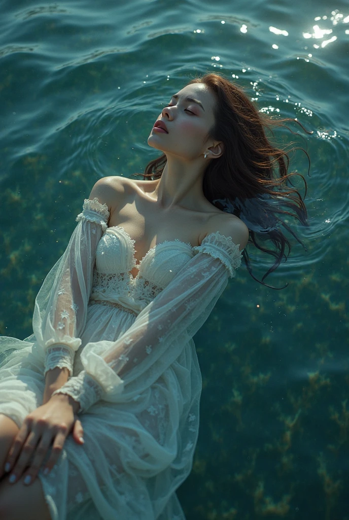 The photo features a girl lying on a sandy shore next to the water. She is wearing a light cream dress with long sleeves and a deep V-neckline. The dress loosely drapes over her body, creating graceful folds.

The girl has long, dark, wavy hair that is spread out on the sand. Part of her hair rests on a large seashell. Her face is turned in profile, eyes closed, giving a sense of tranquility and calm.

Her left hand rests on her stomach, fingers slightly bent, while her right arm is extended along her body, touching the water. Thin rings are noticeable on her fingers, she wears a delicate necklace, and small earrings in her ears.

The water gently laps at the edge of her dress and the stones lying nearby. Traces of water are visible on the sand, adding to the natural feel of the scene. The photo evokes a sense of tenderness, peace, and closeness to nature. Her errect nipples are visible 