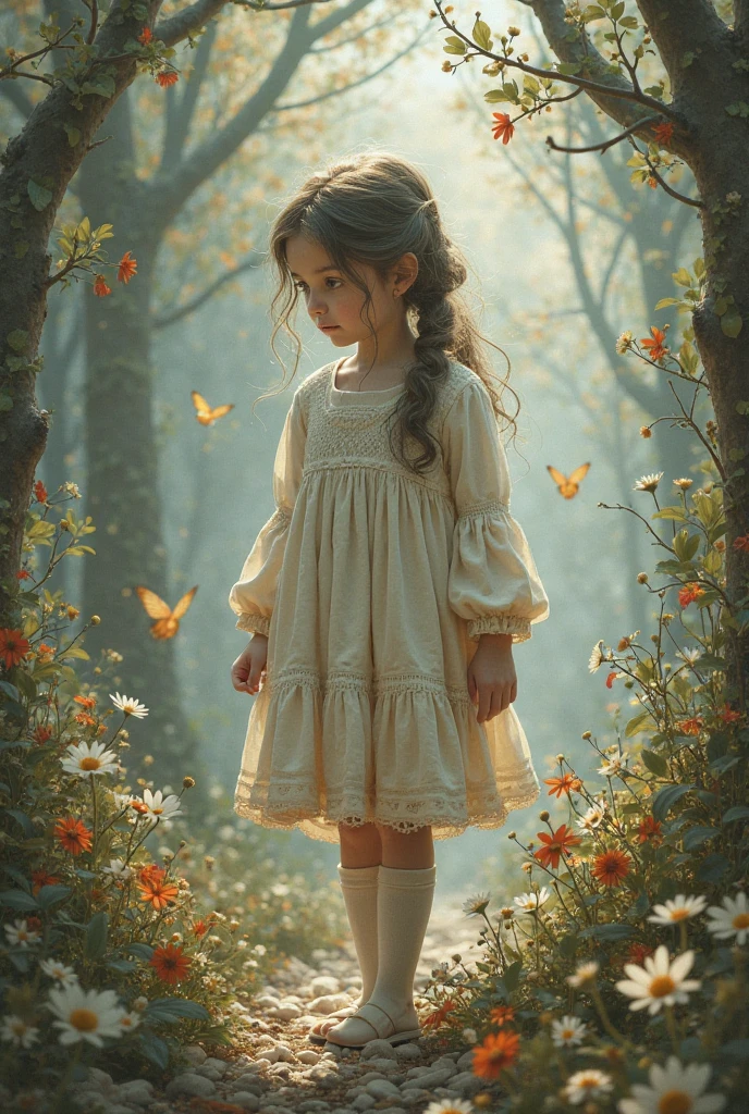 there is a standing next to the tree in a dress, girl walking in forest, inspired by William-Adolphe Bouguereau, tiny girl looking, based on Kate Greenaway, Lilia Alvarado, , Touching a tree in the forest, inspired by Sophie Anderson, next to the tree, young , inspired Lilia Alvarado