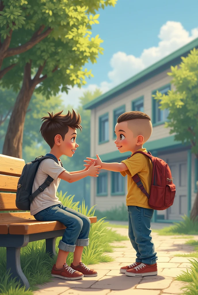 illustration, boy, helping his friend who fell to the ground to get up , at school