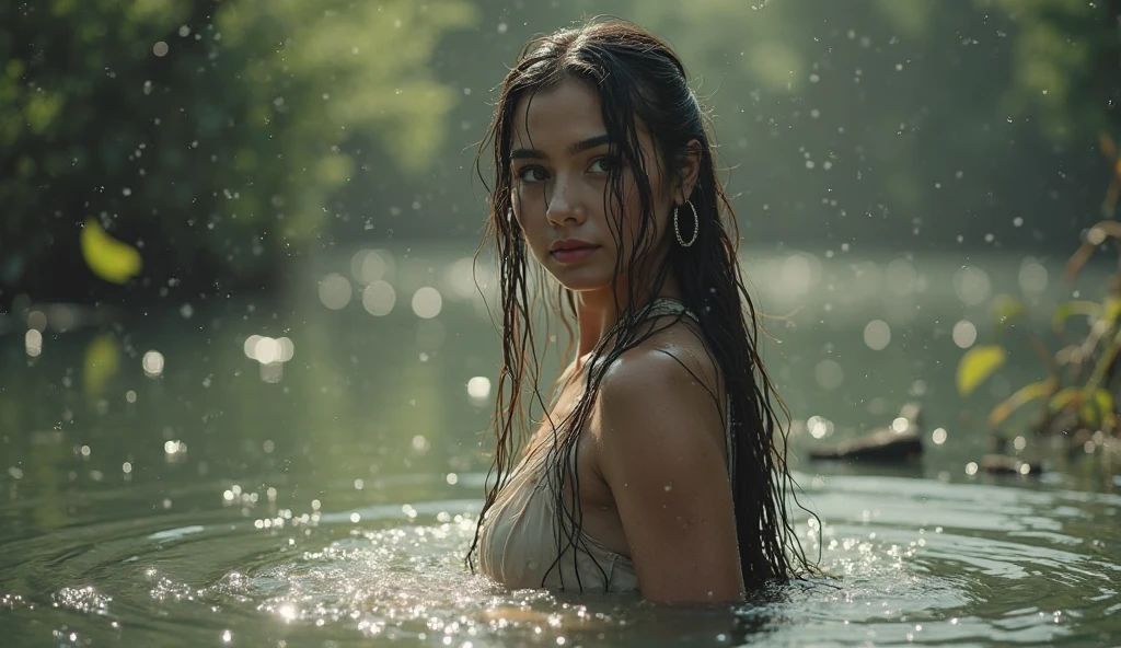 1 woman, amazonian build, sultry look, wet and sweaty ((upper body selfie, happy)), beautiful backlight, show biceps,masterpiece, best quality, ultra-detailed, solo, outdoors, (night), mountains, nature, (stars, moon) cheerful, happy, backpack, sleeping bag, camping stove, water bottle, mountain boots, gloves, sweater, hat, flashlight, forest, rocks, river, wood, smoke, shadows, contrast, clear sky, analog style (look at viewer:1.2) (skin texture) (film grain:1.3), (warm hue, warm tone:1.2), close up, cinematic light, sidelighting, ultra high res, best shadow, RAW, upper body, wearing pullover, portrait sophie mudd, thick neck, 19 year old female model, latina, angelawhite, violet myers, 22 years old, 21 years old, profile image, italian, italian latina, Alycia Debnam-Carey, hazel eyes, realistic, post-processing, maximum detail,
